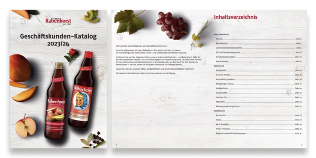 Katalogcover mit Rabenhorst-Produkten und Inhaltsverzeichnis für 2023/24.
